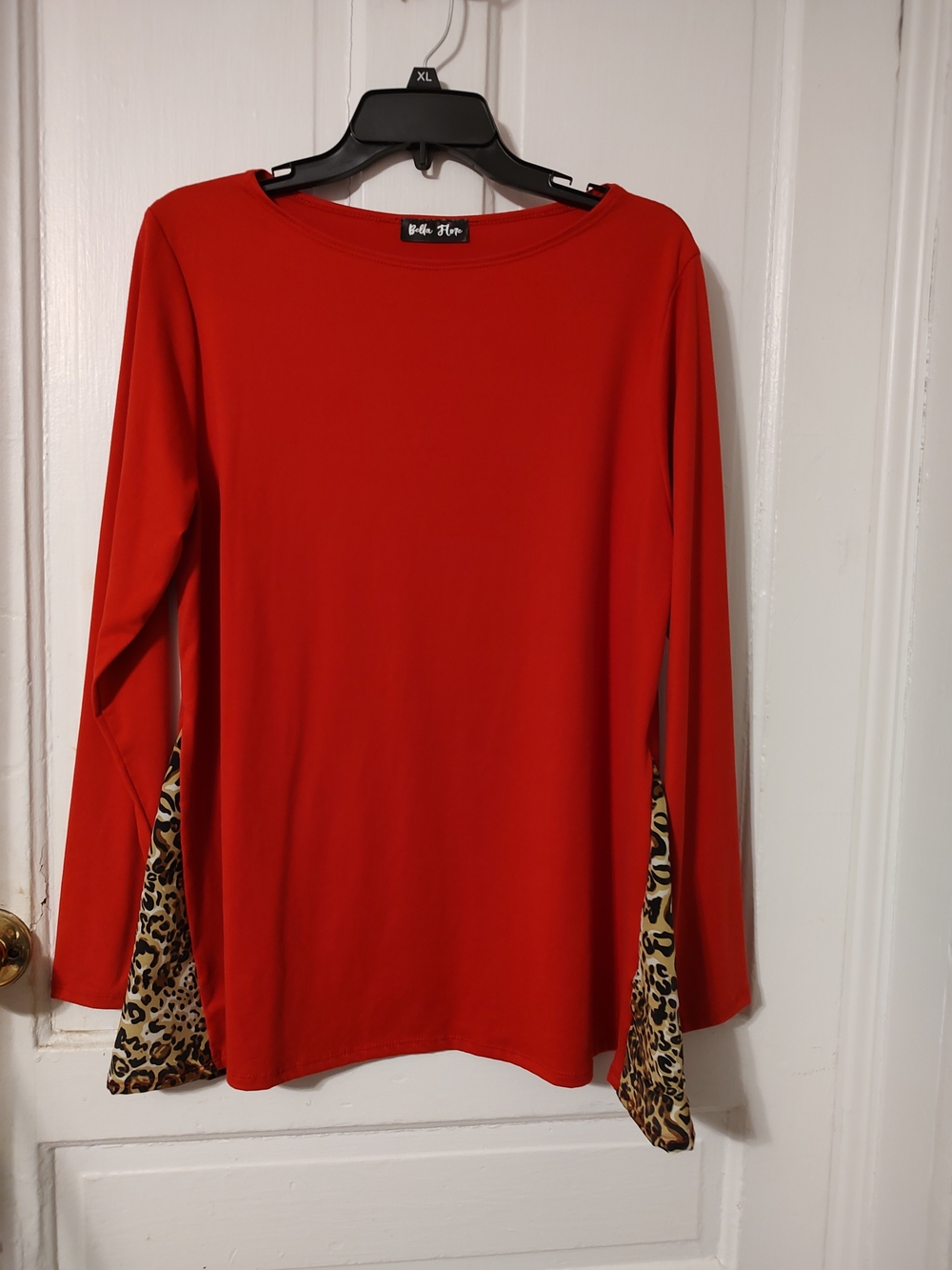 XL Red Long-Sleeve Top with Leopard Panel